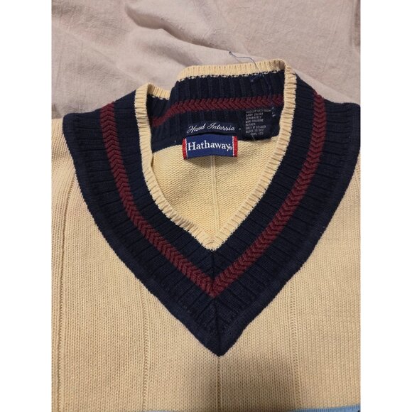 VTG Mens Tennis Sweater L Beige V-Neck Cotton Cable Knit Racket design Preppy - Picture 3 of 10